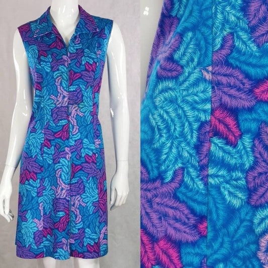 60s vintage purple pink feather print a line dress with zip up front - knee length shift dress