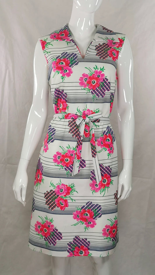 1960s vintage - pink floral tie waist shift dress - size 12 - 14
