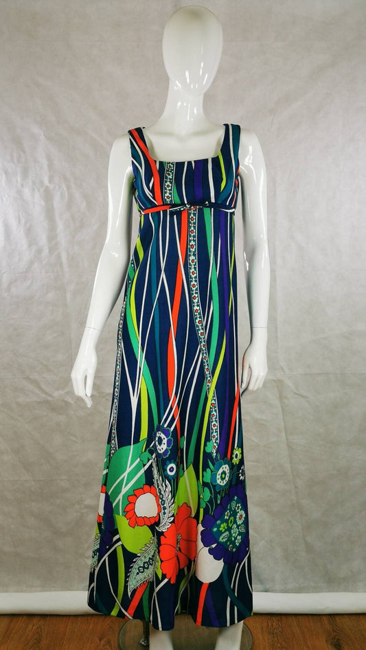 70s vintage bright flower power maxi dress - long bohemian festival dress - floral psychedelic party