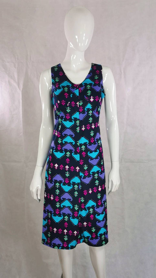 1970s vintage geometric sleeveless shift dress - m - l