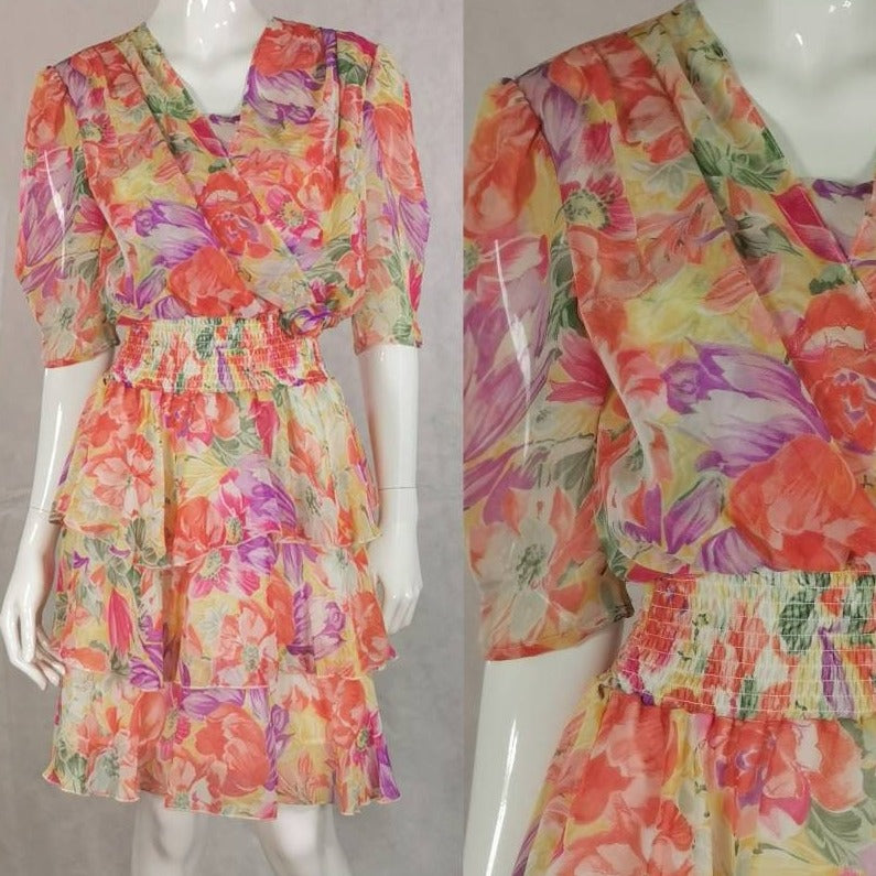 80s vintage yellow orange floral chiffon dress - sheer tiered plunge c ...